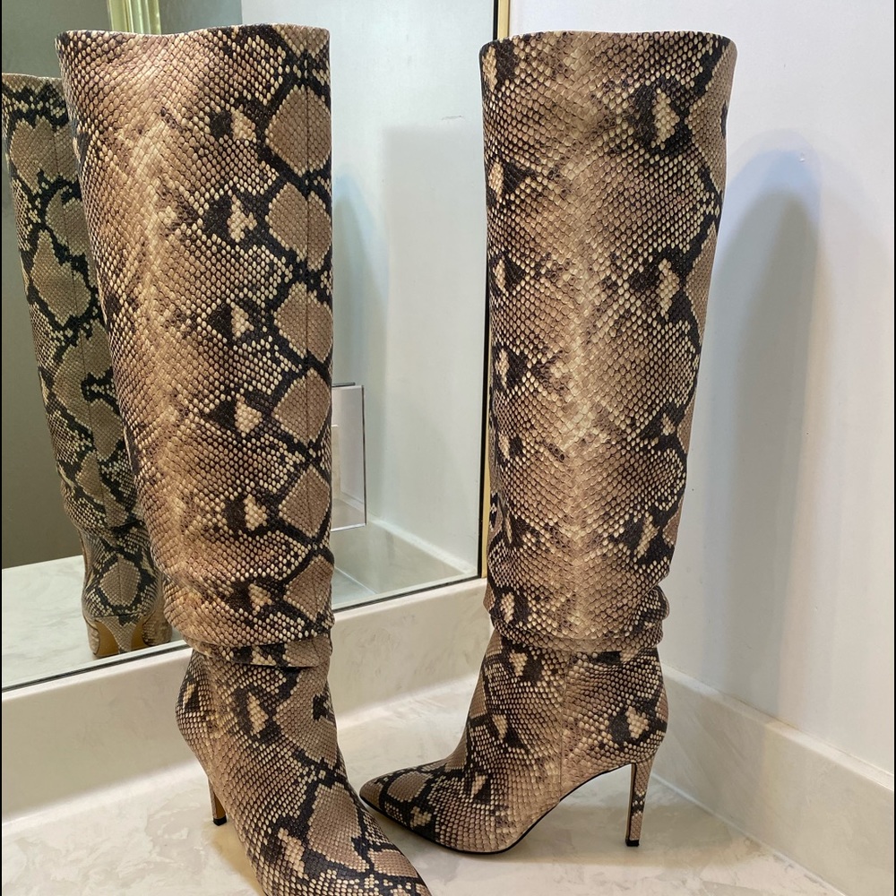Vince Camuto Lizard embossed scrunched high heel boots.